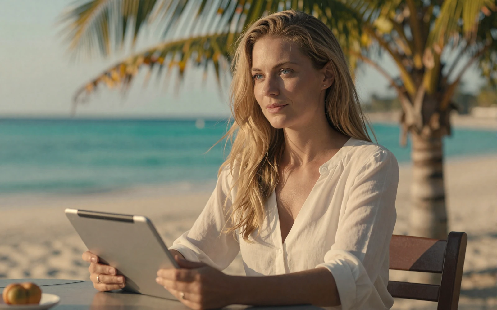 Frau im wei&szlig;en Resort-Look zahlt entspannt per Tablet am Strand - sichere Zahlungsmethoden im OnlySpins Online Casino Echtgeld