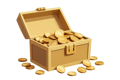 Goldene Schatztruhe voller M&uuml;nzen als Symbol f&uuml;r das Willkommenspaket im OnlySpins Casino