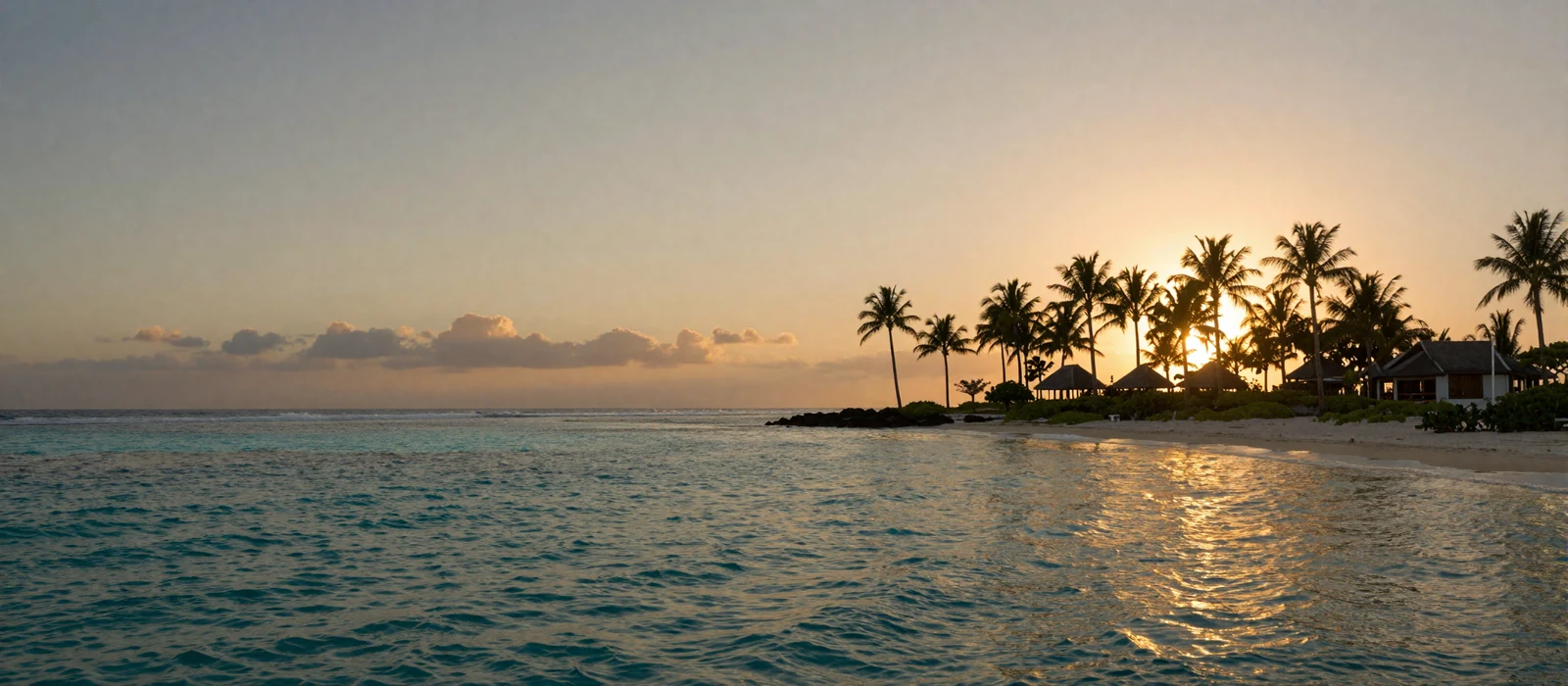 Panoramablick auf eine tropische Bucht im goldenen Sonnenuntergang - OnlySpins Casino Paradies