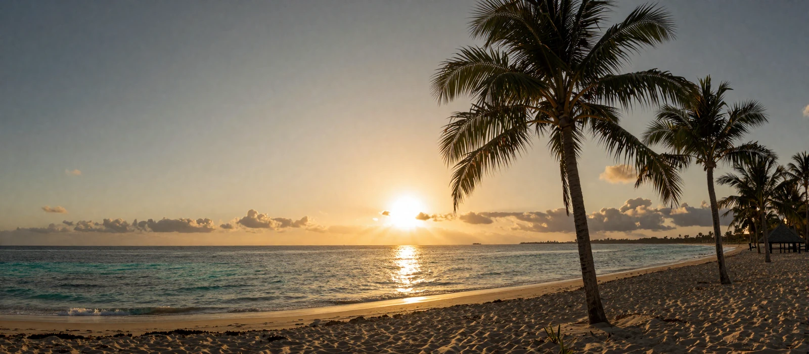 Panoramablick auf eine tropische Bucht im goldenen Sonnenuntergang - Bonus aktivieren im OnlySpins Casino