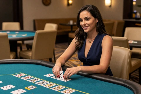 Live-Dealerin teilt Blackjack-Karten am t&uuml;rkisen Tisch im OnlySpins Live Casino