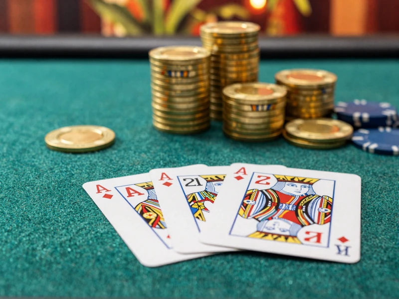 Blackjack-Tisch mit Ass und K&ouml;nig f&uuml;r 21 und goldenen Chips im OnlySpins Casino